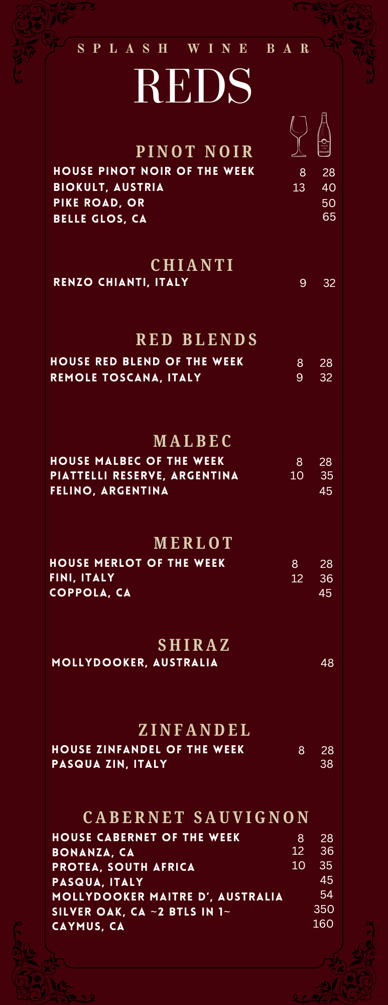 Red Wine List at Splash Wine Bar