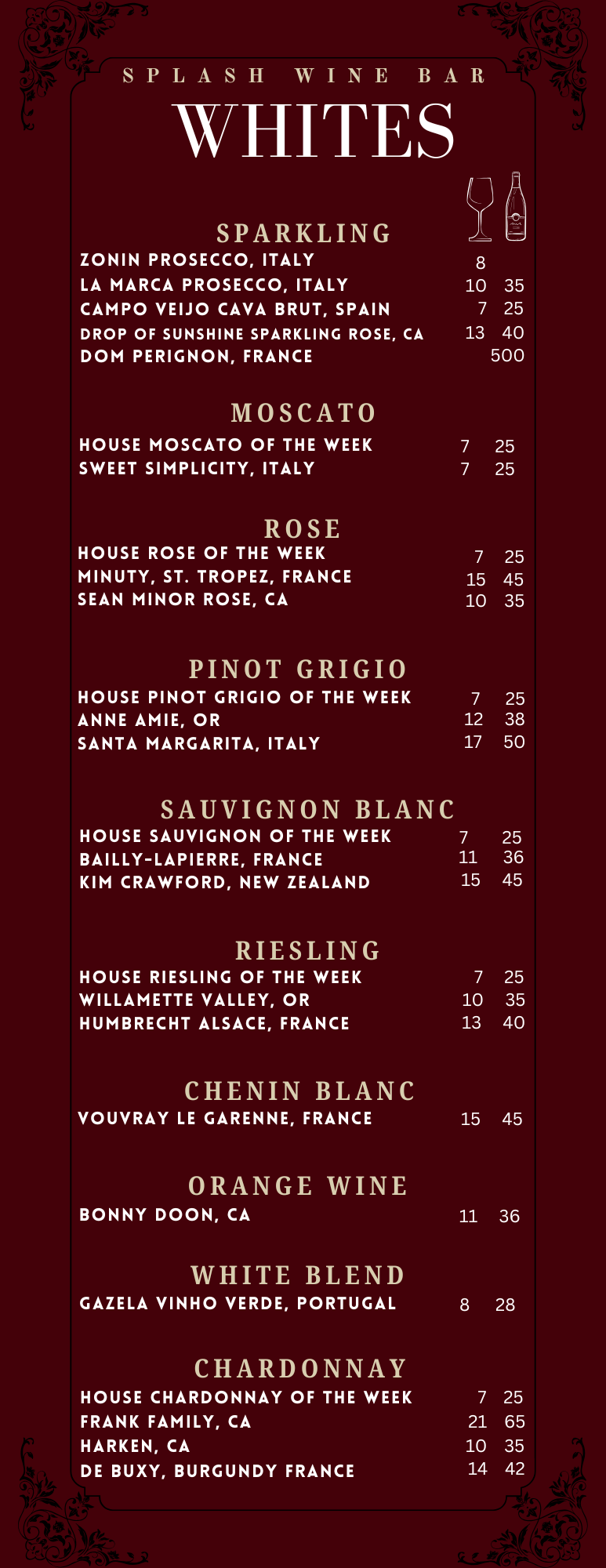 White Wine List - Splash Wine Bar