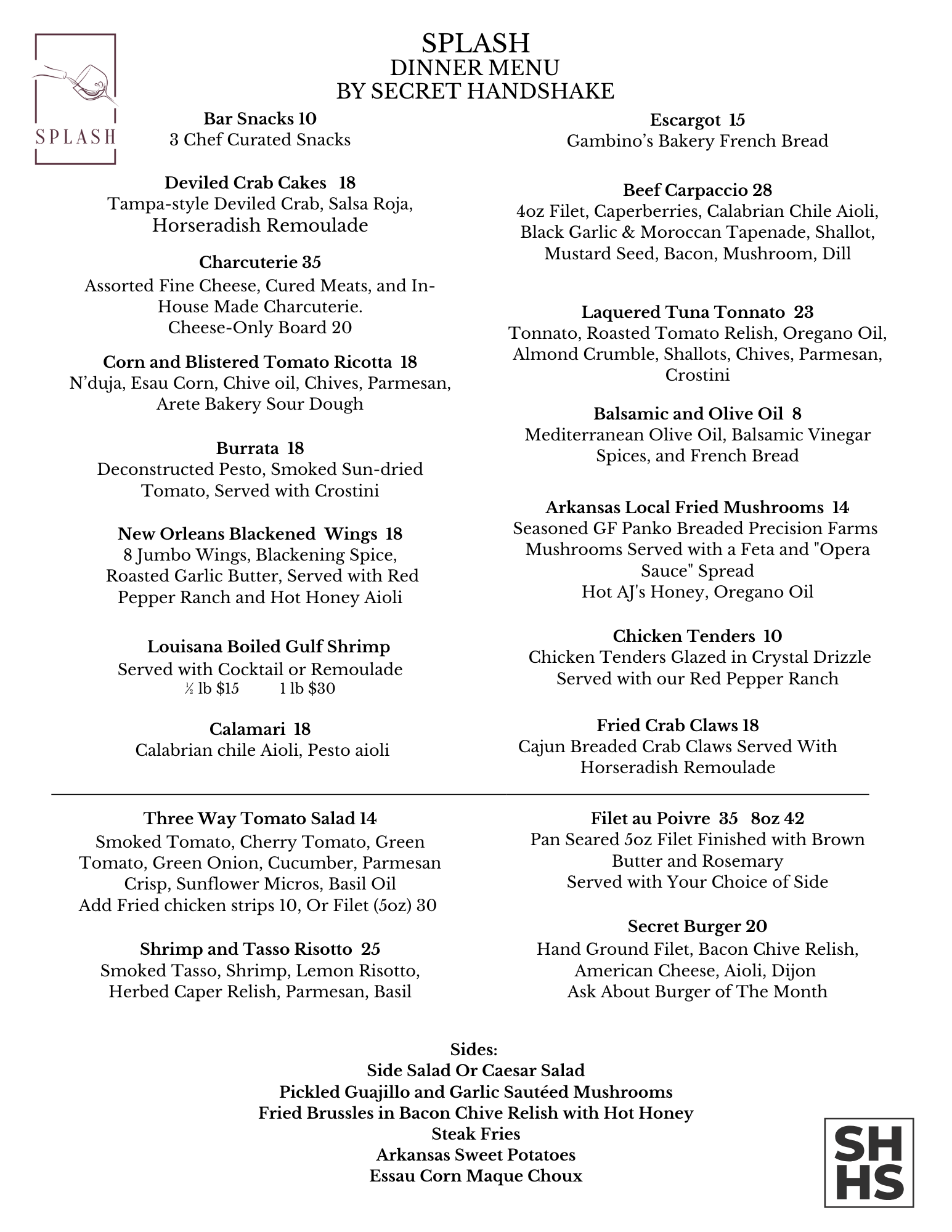Splash Wine Bar Dinner Menu