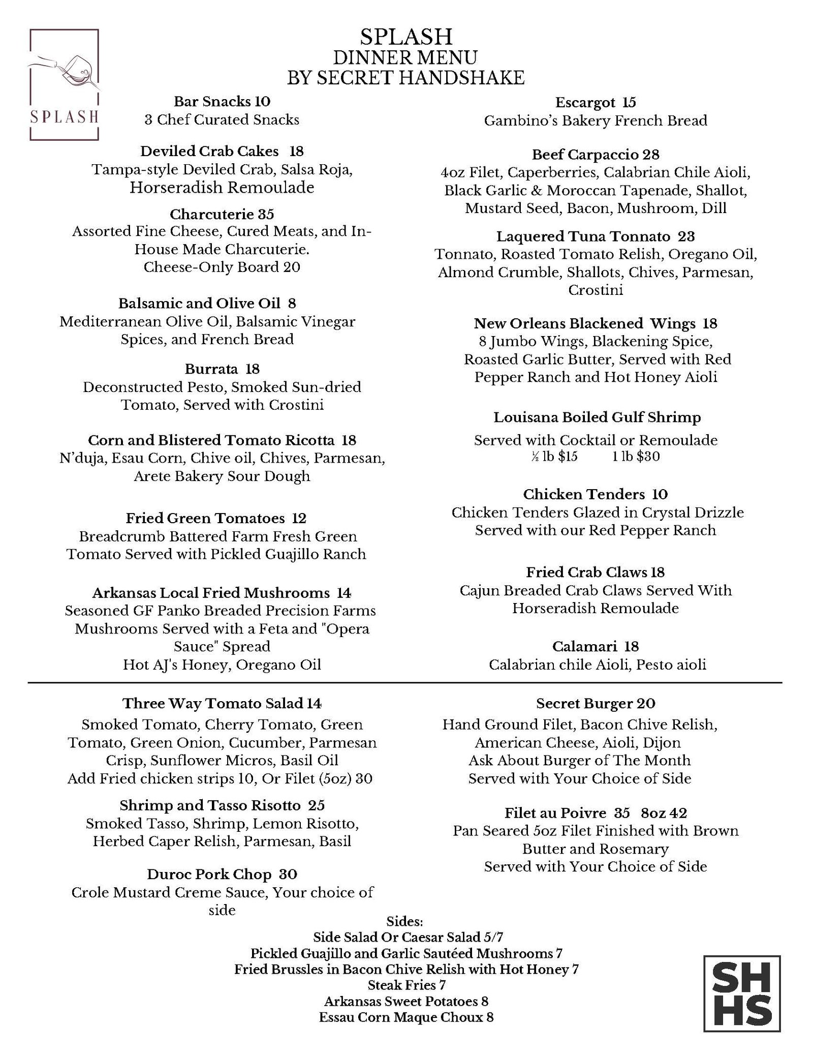 Splash Wine Bar Dinner Menu